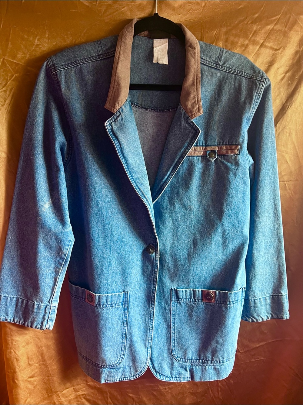 Vintage Perfect 80s Light Blue Denim Blazer Jacket with Brown Trim